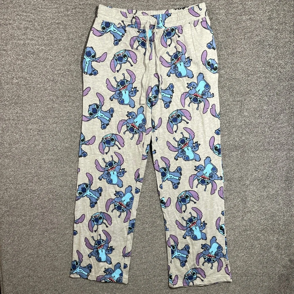 Disney Lilo & Stitch Pajama Pants Womens M Gray Character Print Lounge Pockets - Picture 1 of 9
